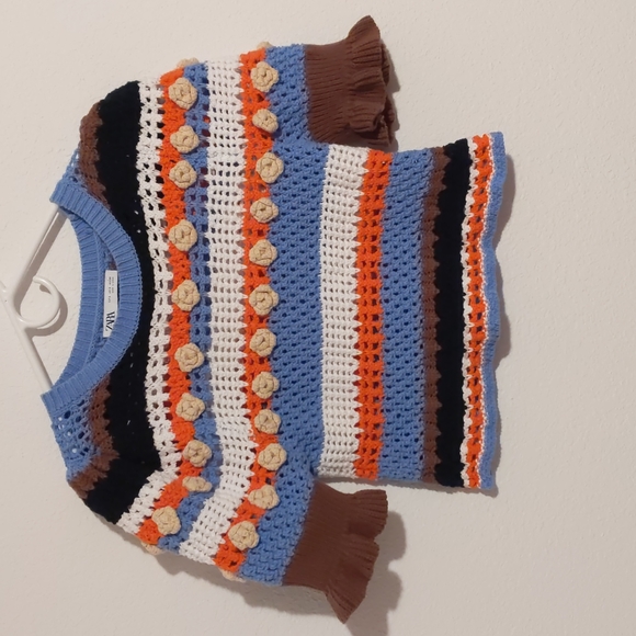 Zara Tops - ZARA Crocheted Style Size Small Blue Brown Black White Orange Striped Rosettes